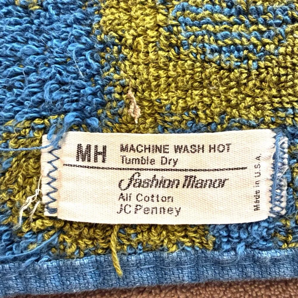 2 Vintage JC Penney Fashion Manor Bath Hand Towel Set MCM Blue Avocado Olive